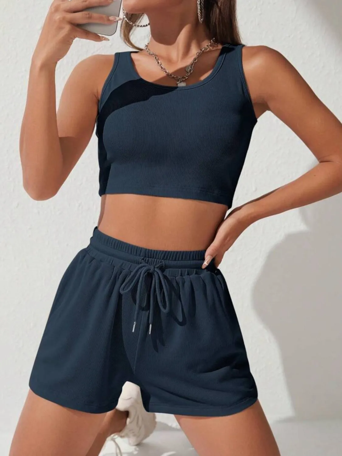 Scoop Neck Wide Strap Top and Drawstring Shorts Set