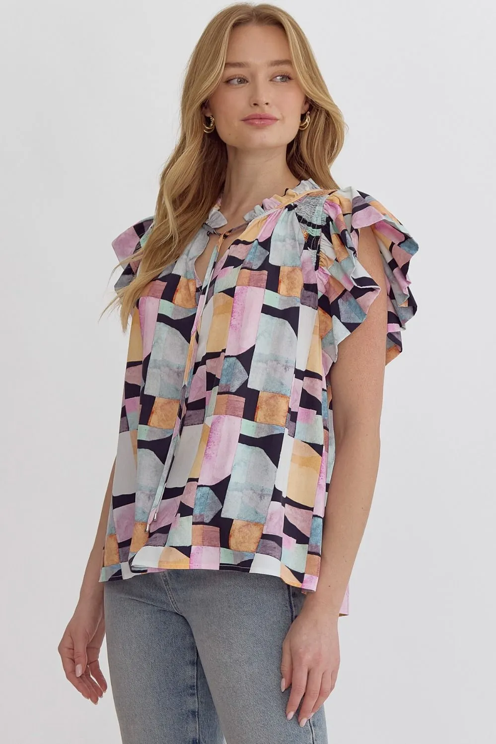 Self Tie Geo Print N-Neck Ruffle Sleeve Top