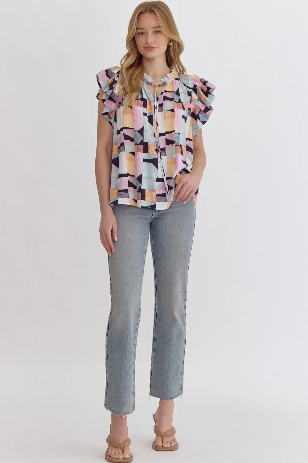 Self Tie Geo Print N-Neck Ruffle Sleeve Top