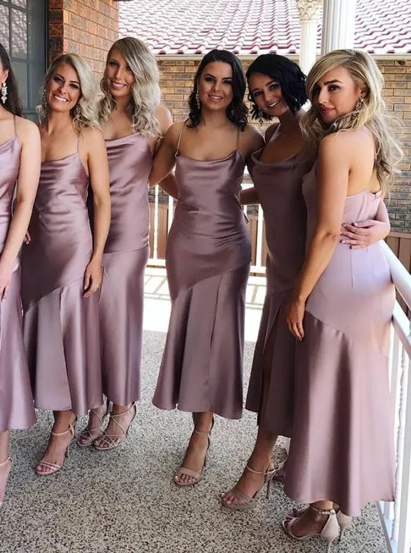 Sheath Spaghetti Straps Lilac Satin Bridesmaid Dress