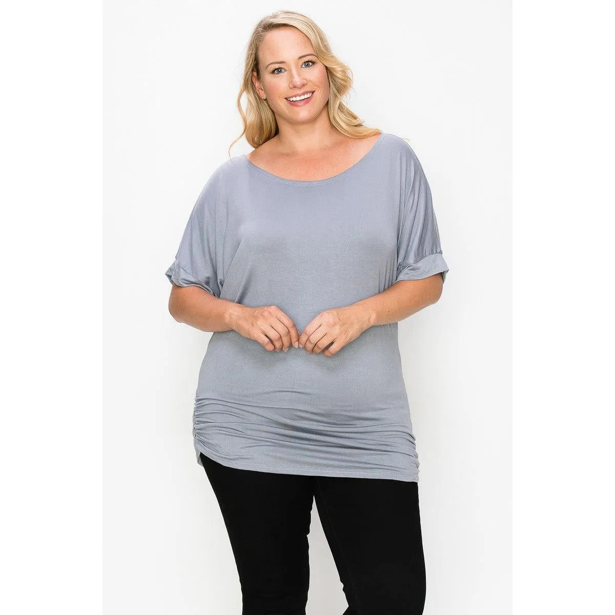 Short Sleeve Top Featuring A Round Neck And Ruched Sides