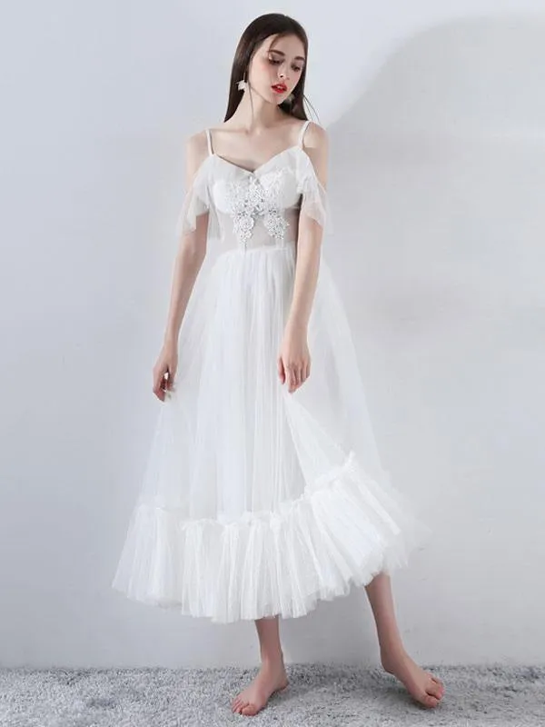 Short Wedding Dress 2021 A Line V Neck Short Sleeves Tea Length Bridal Dresses