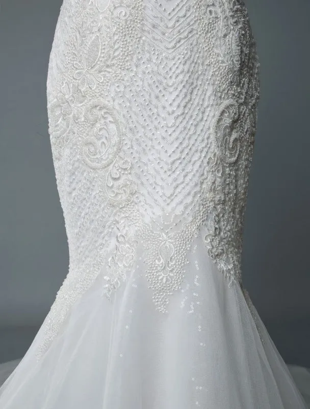 Simple Wedding Dress Lace V Neck Sleeveless Lace Mermaid Bridal Dresses With Train