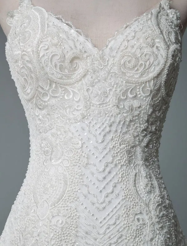 Simple Wedding Dress Lace V Neck Sleeveless Lace Mermaid Bridal Dresses With Train