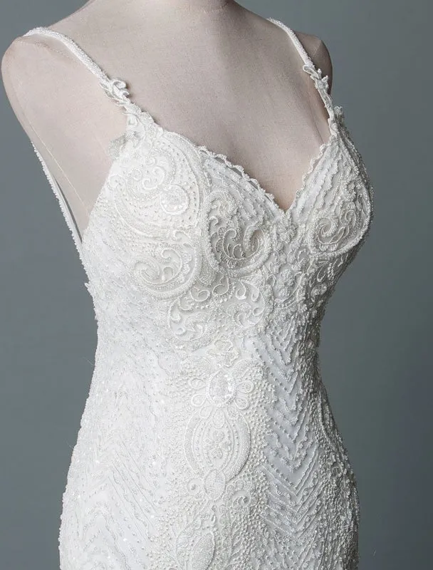 Simple Wedding Dress Lace V Neck Sleeveless Lace Mermaid Bridal Dresses With Train