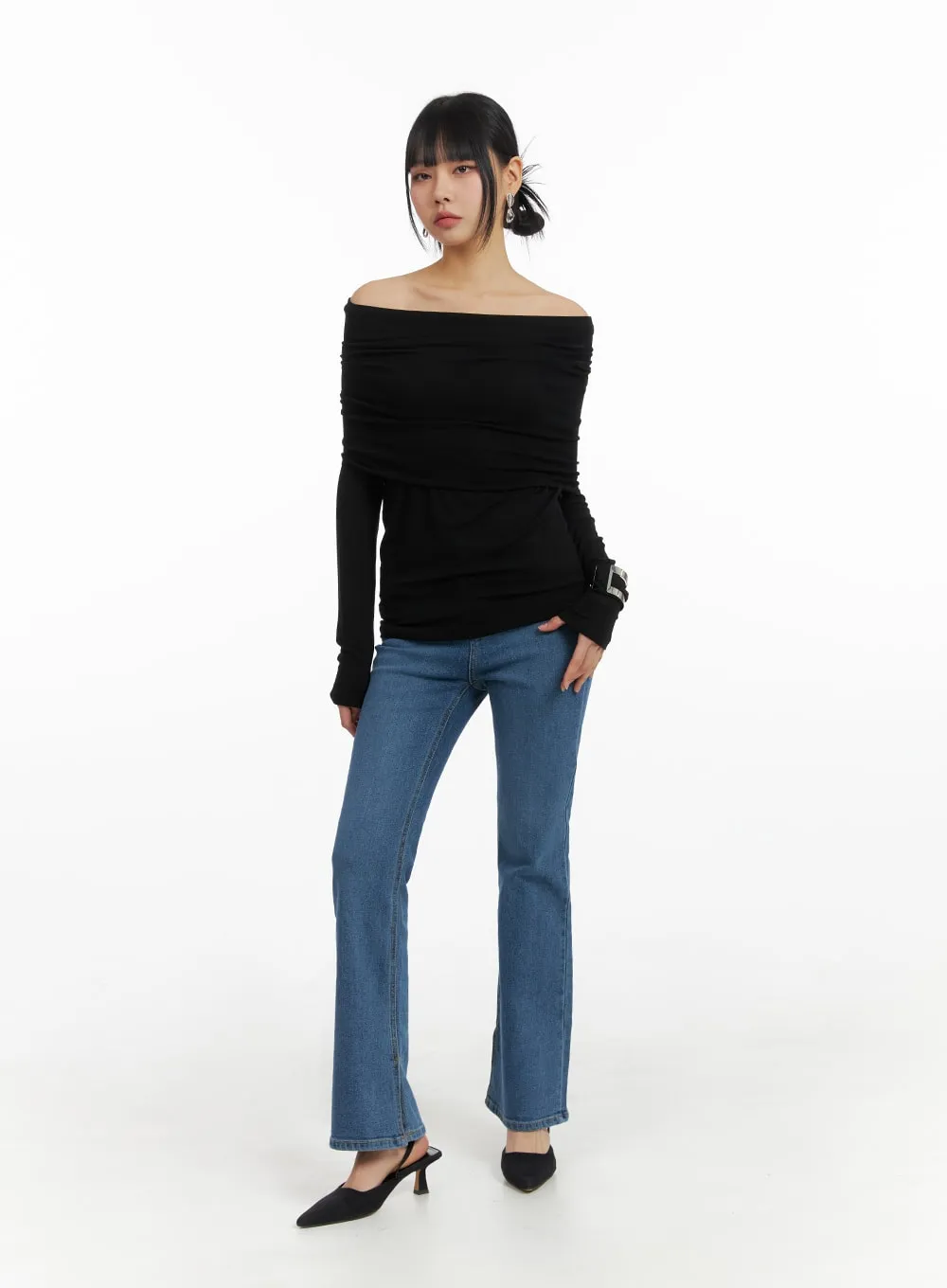 Solid Off Shoulder Long Sleeve IM414