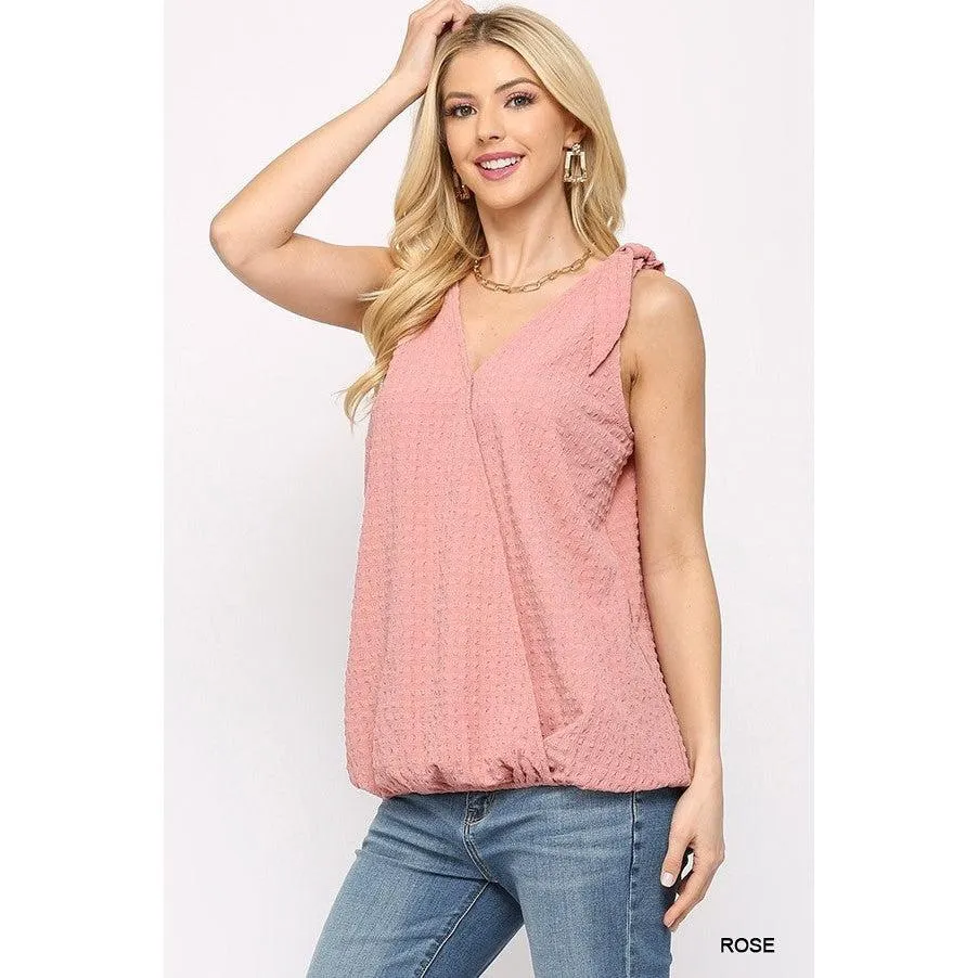 Solid Textured And Sleeveless Surplice Top With Shoulder Tie