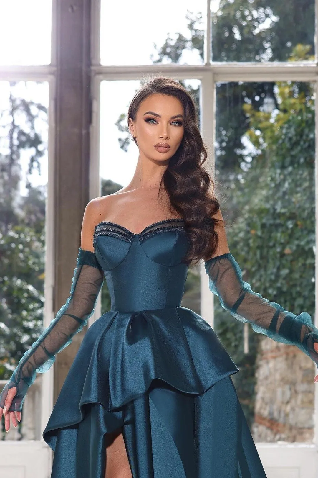 Strapless Ink Blue Prom Dress with Half Sleeves and High Slit