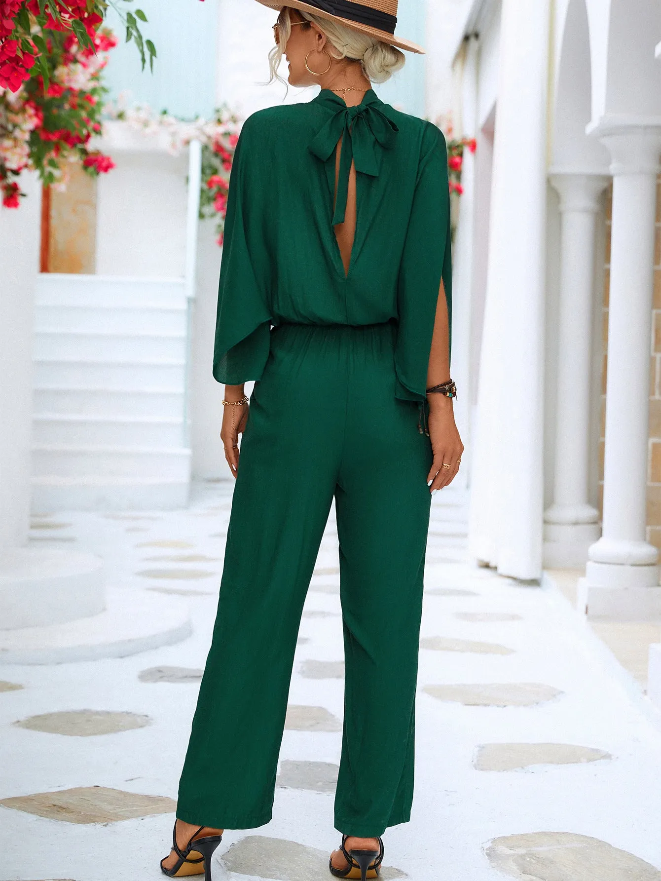 Sunset and Swim Tie Back Mock Neck Split Sleeve Jumpsuit