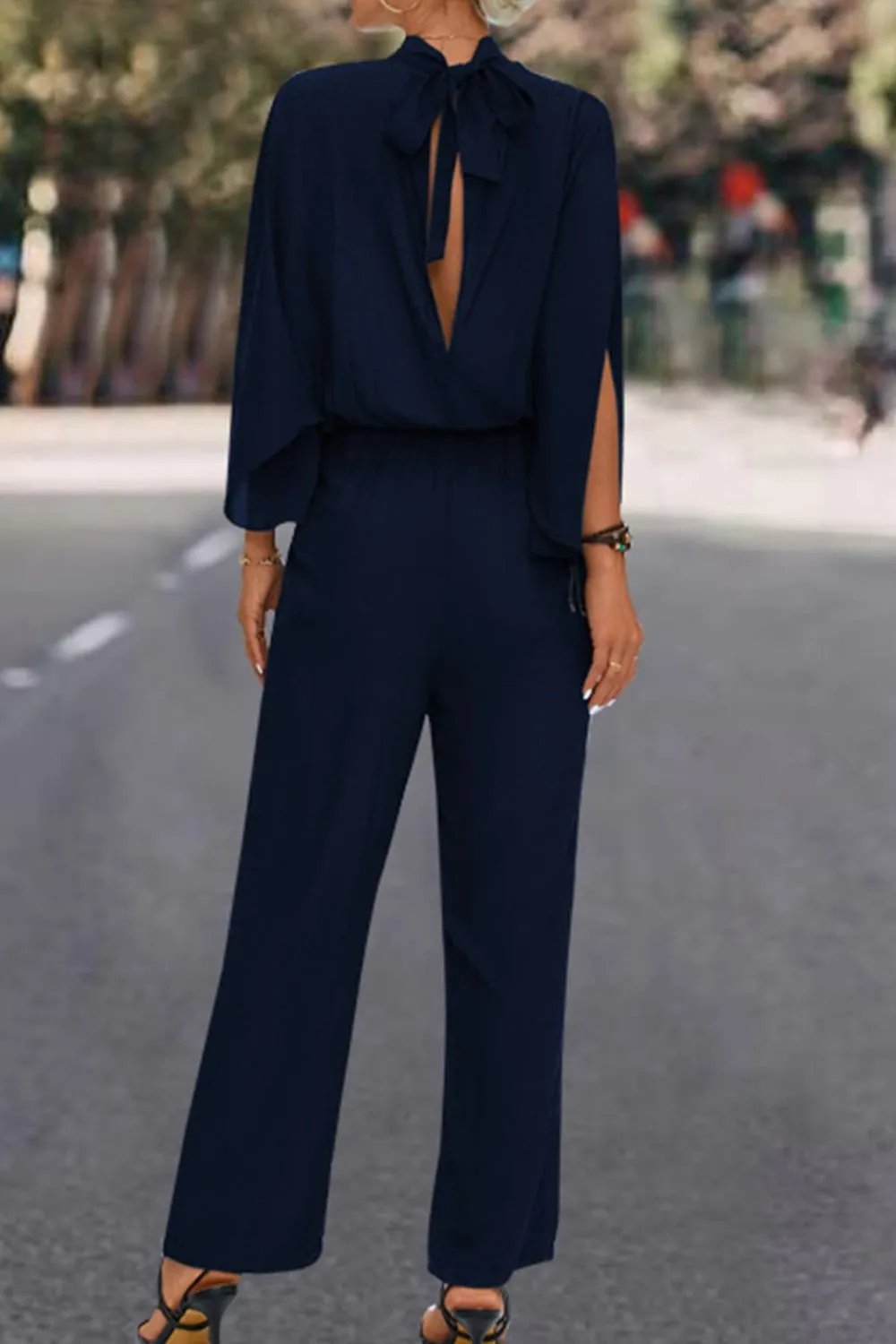 Sunset and Swim Tie Back Mock Neck Split Sleeve Jumpsuit