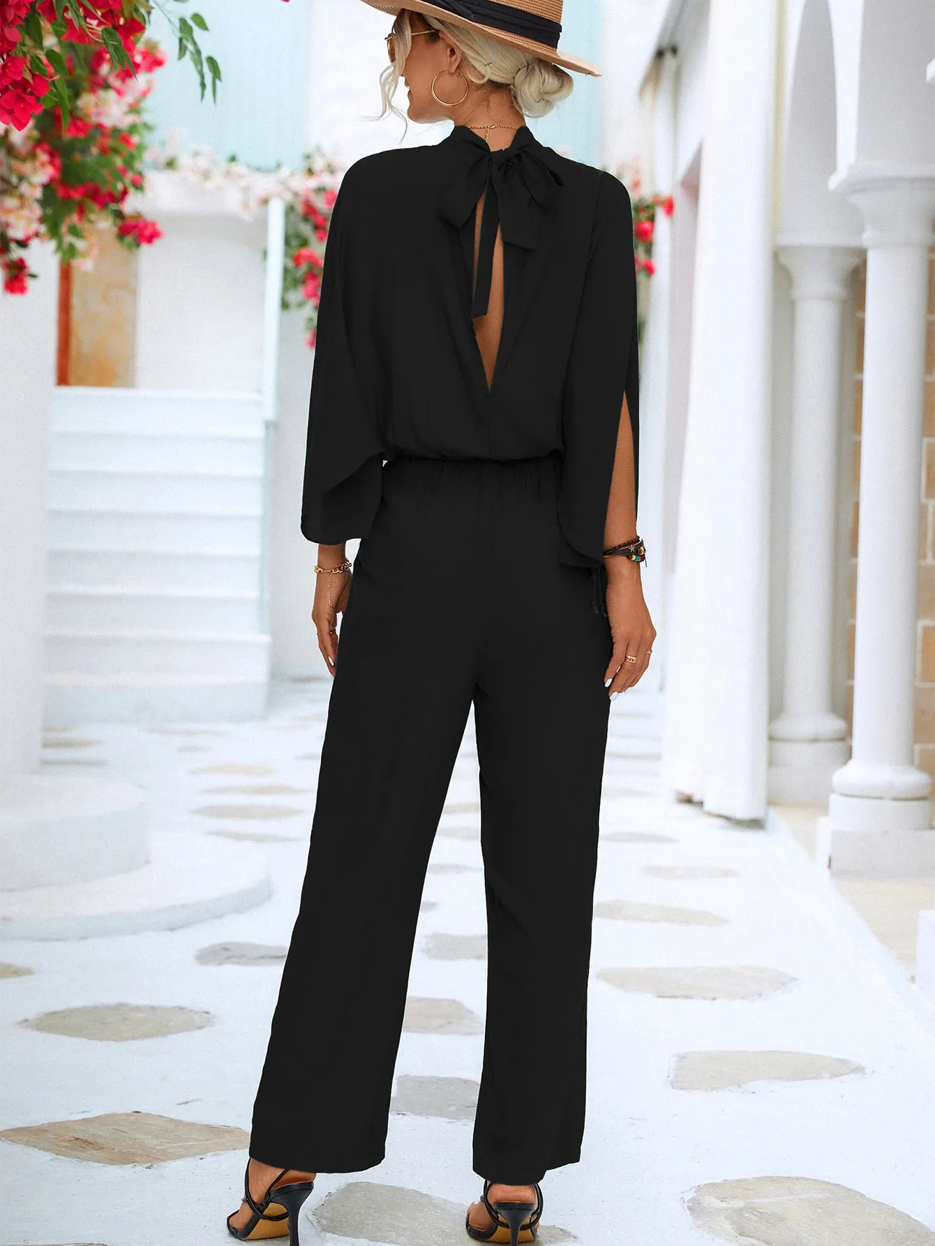 Sunset and Swim Tie Back Mock Neck Split Sleeve Jumpsuit