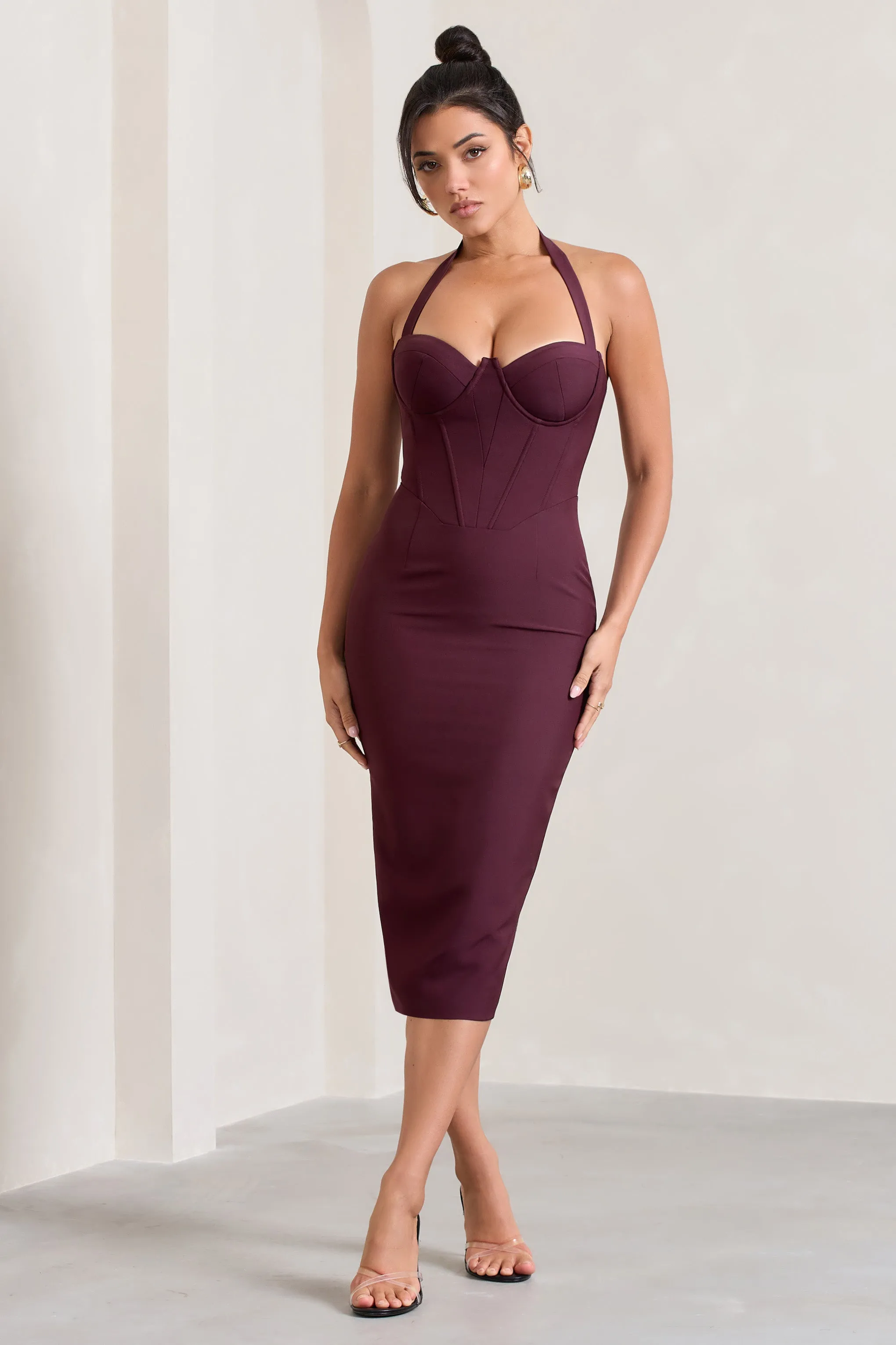 Supermodel | Burgundy Halter-Neck Corset Midi Dress