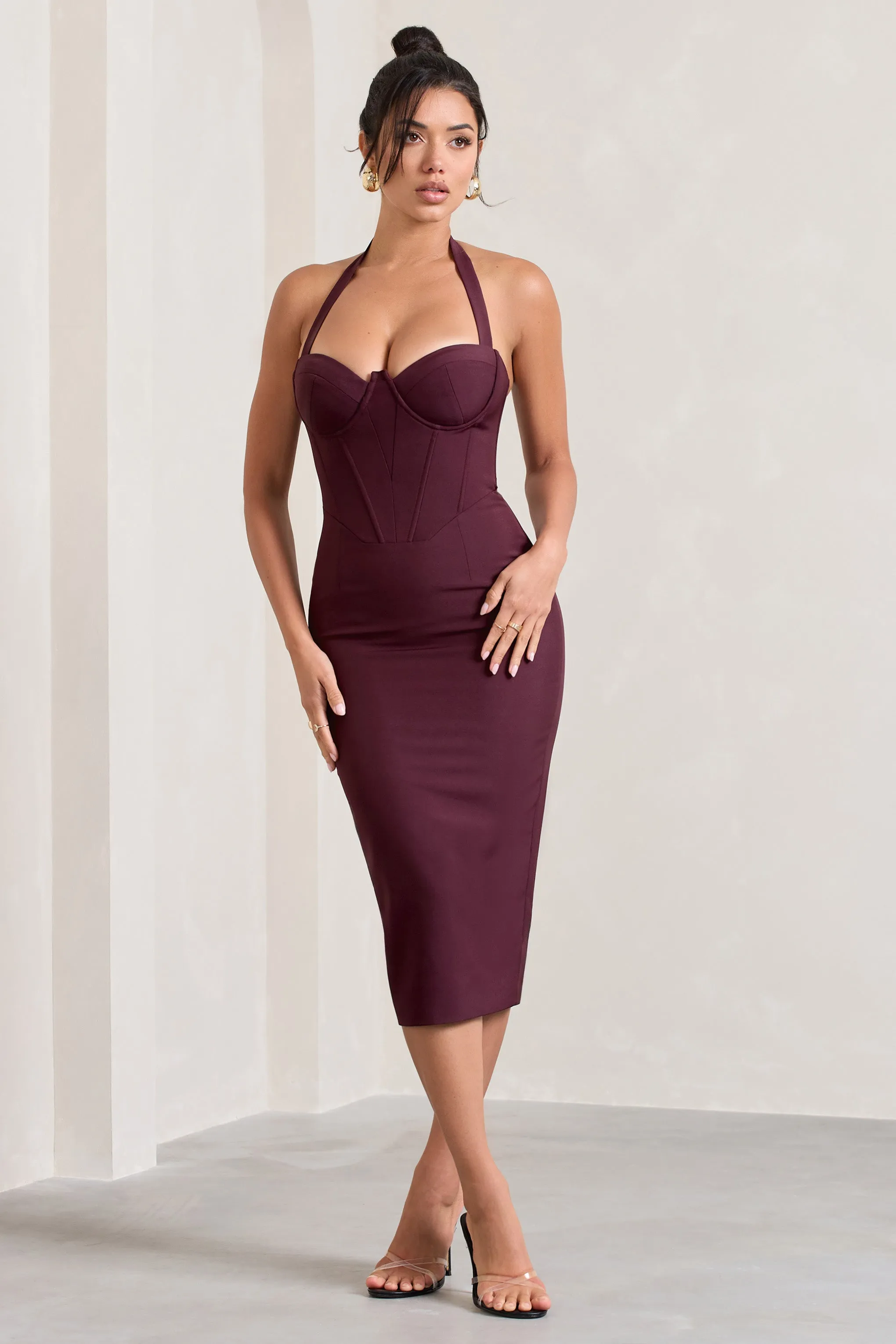 Supermodel | Burgundy Halter-Neck Corset Midi Dress