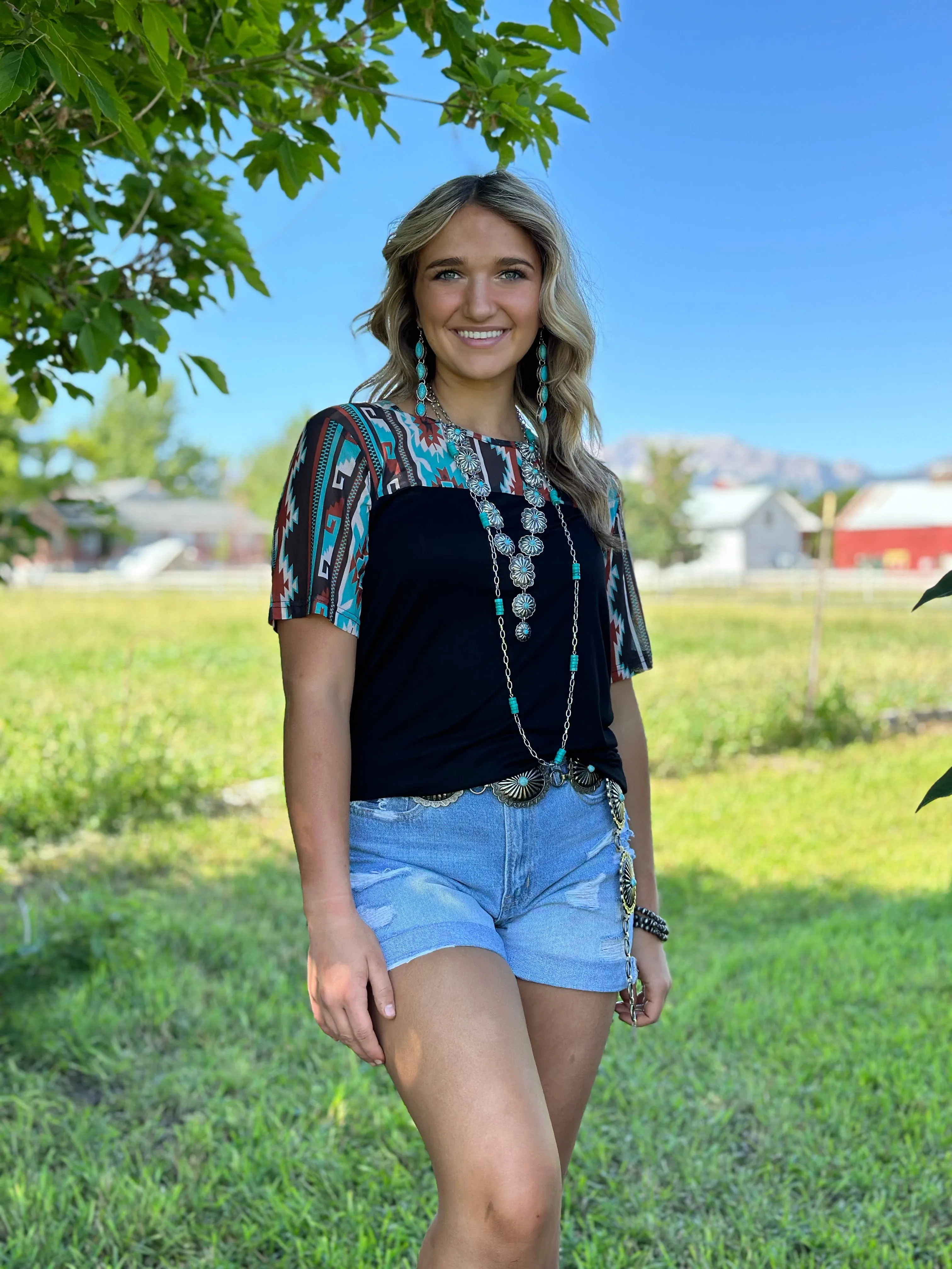 The Black Santaquin Aztec Mesh Sleeve Top