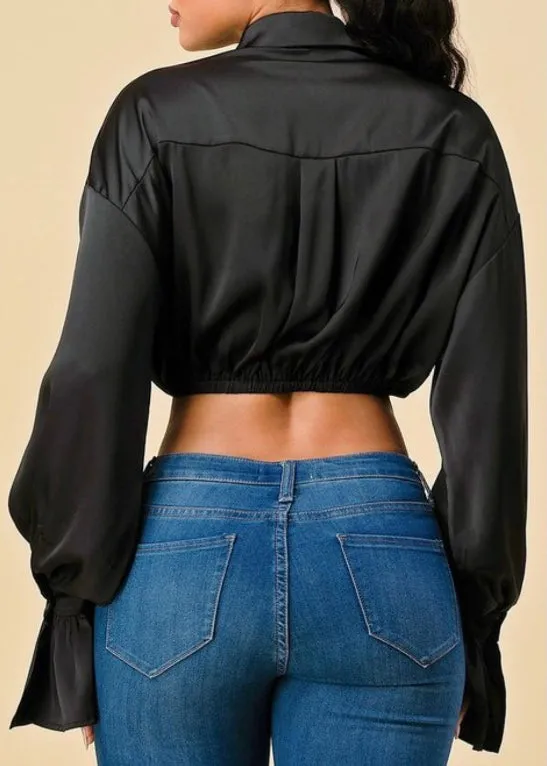 The Sang Long Ruffle Sleeve Blouse Crop Top (Black) ST23140621