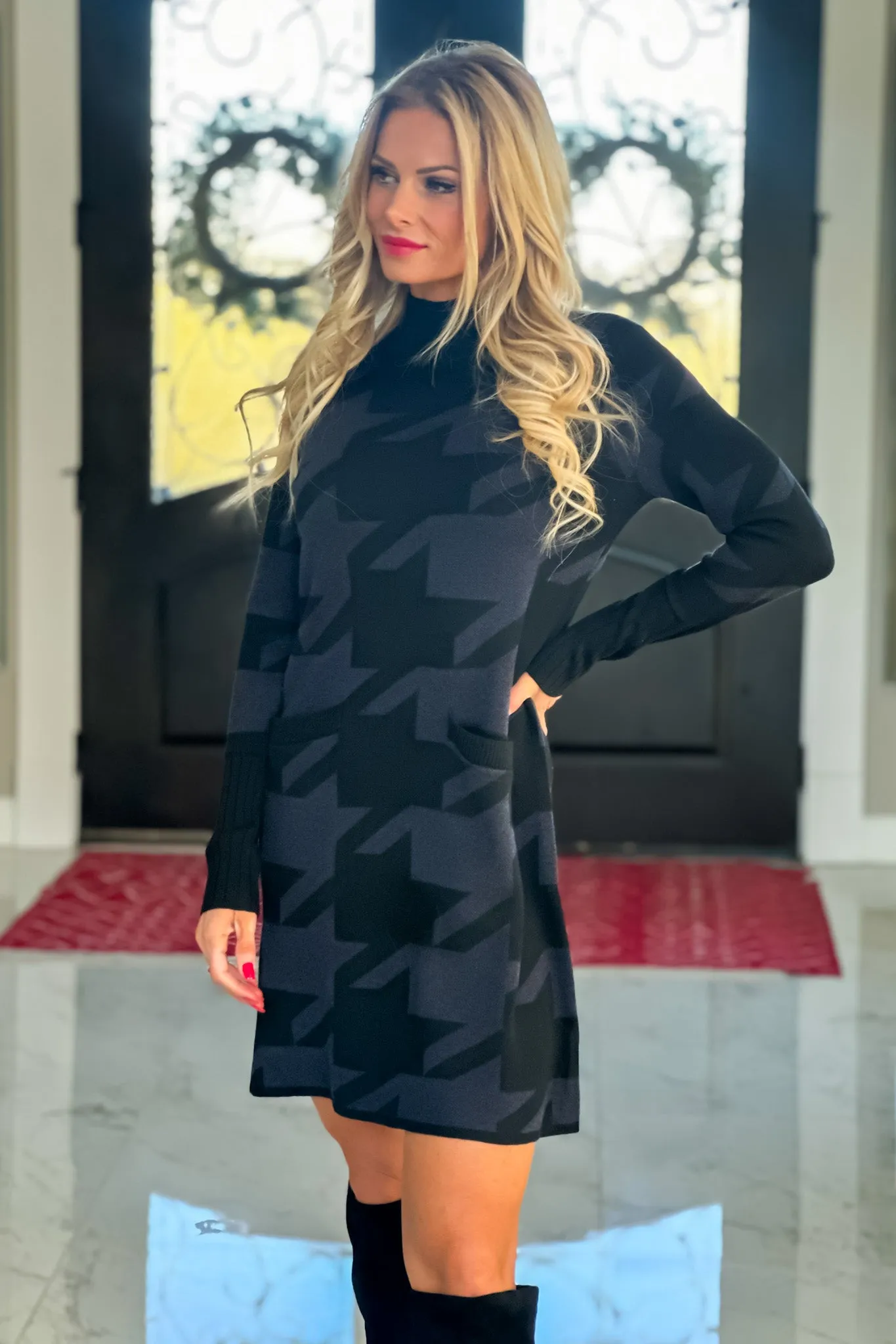 Tribal Hazel Mock Neck Sweater Dress : Black/Charcoal