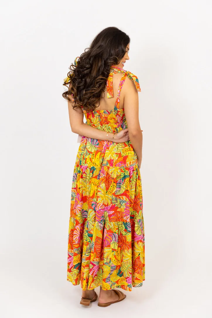 Tropical Floral Print Long Maxi Dress with Palm Leaves and Banana Design