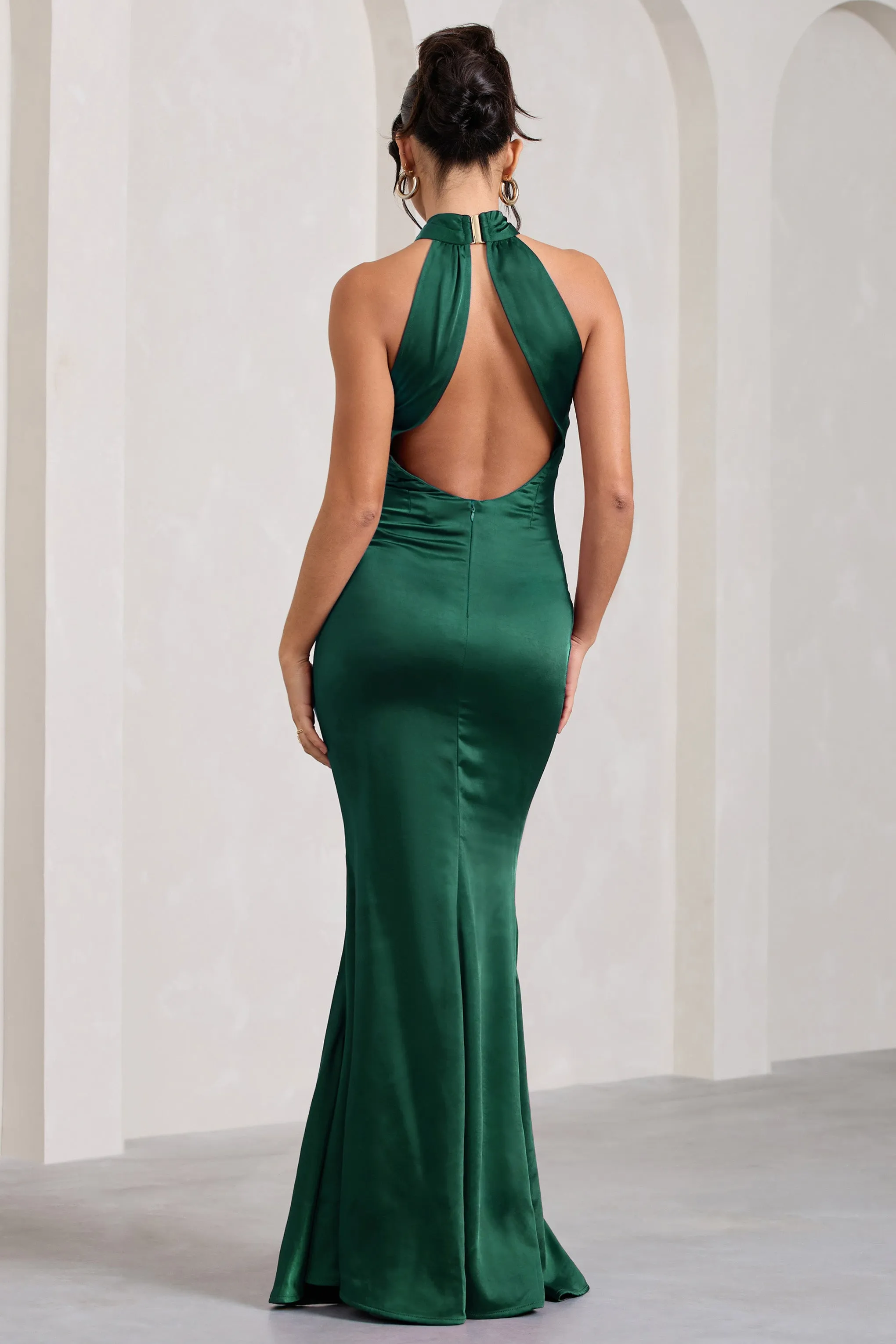 Unstoppable | Bottle Green Satin Cross Over Halterneck Maxi Dress