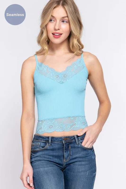 V-Neck w/ Lace Detail Rib Seamless Cami Top