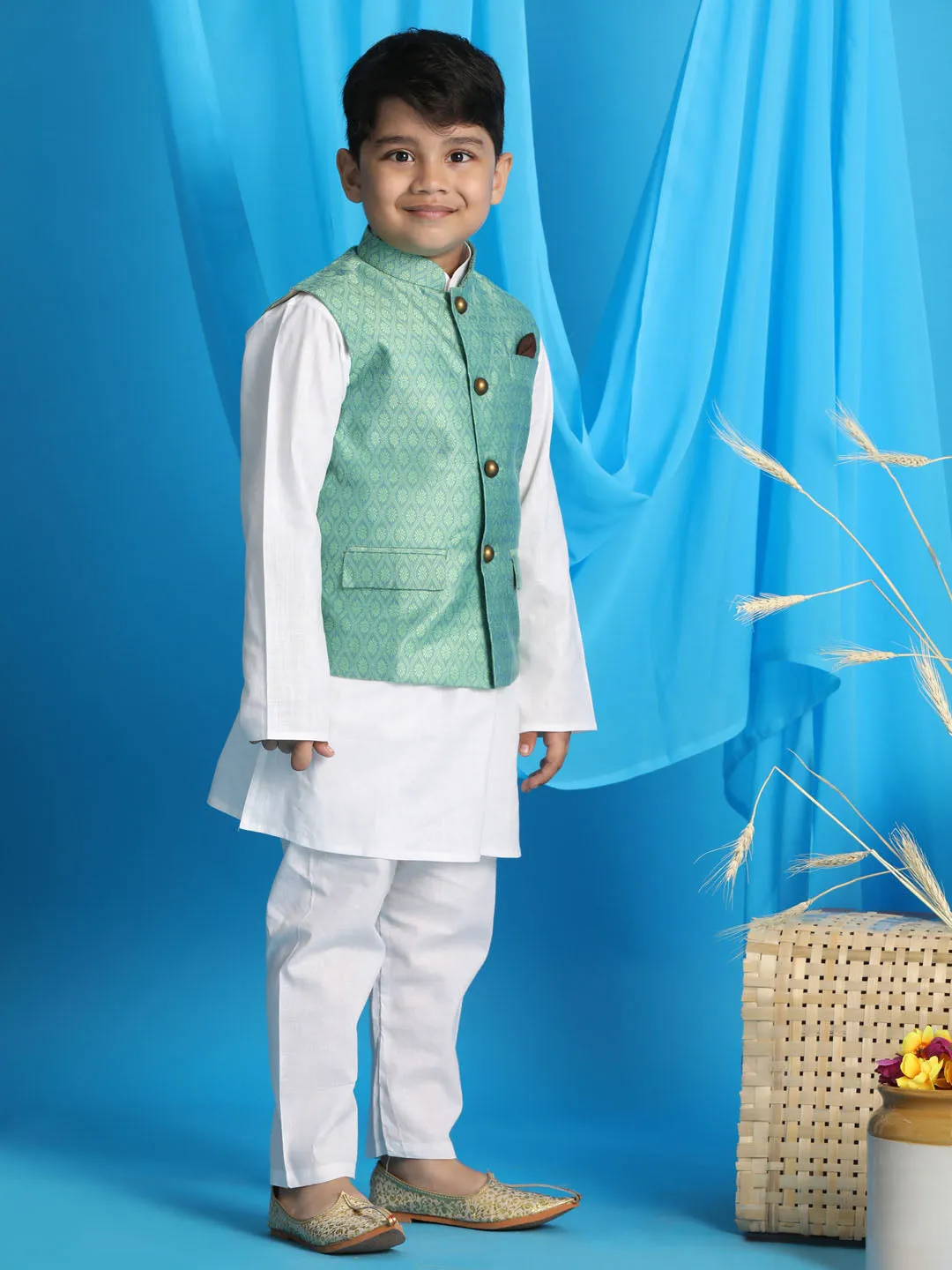 VASTRAMAY Boy's Light Green Woven Jacket With White Kurta and Pyjama Set