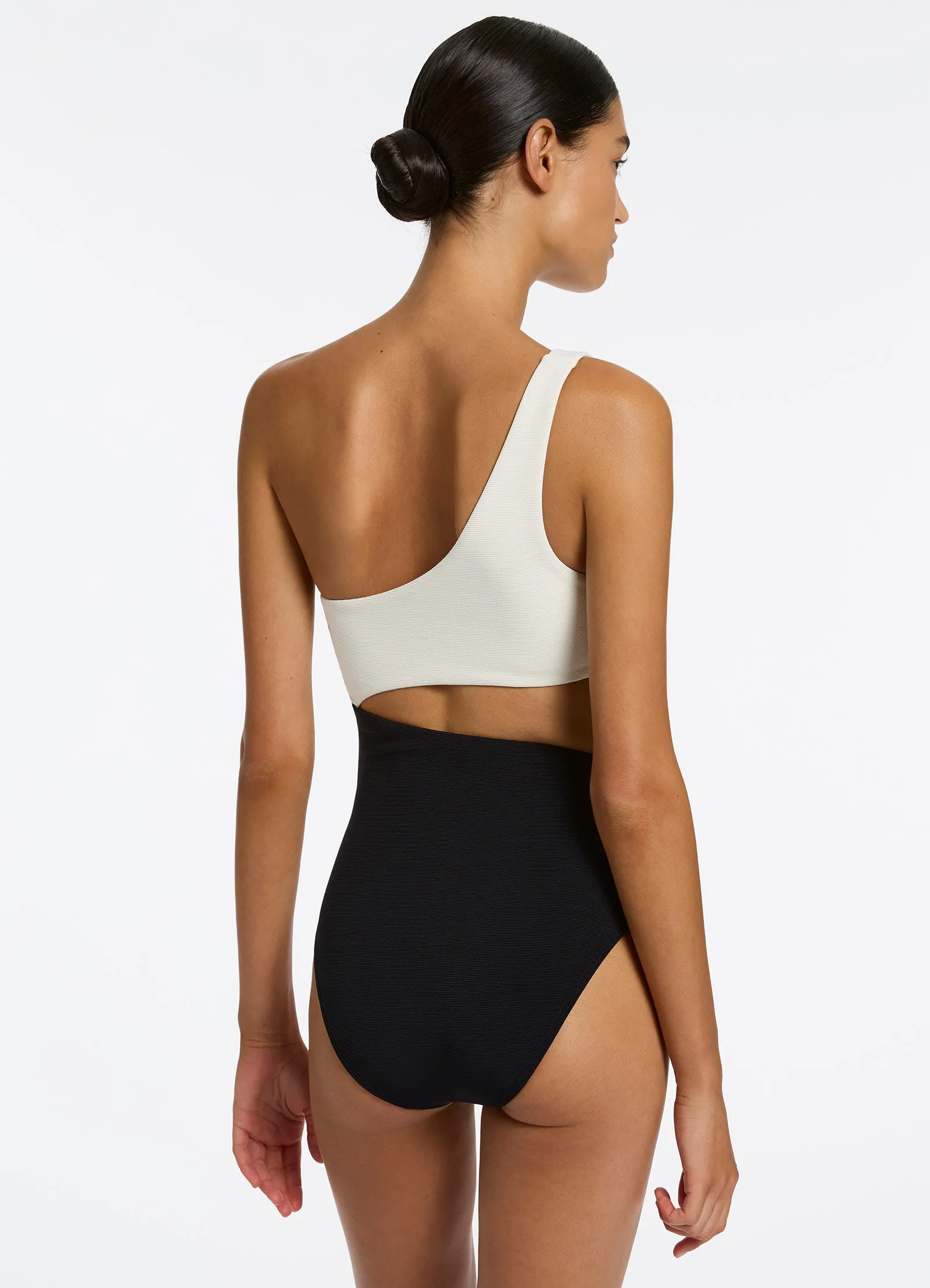 Versa Rib One Shoulder One Piece - Black/Cream