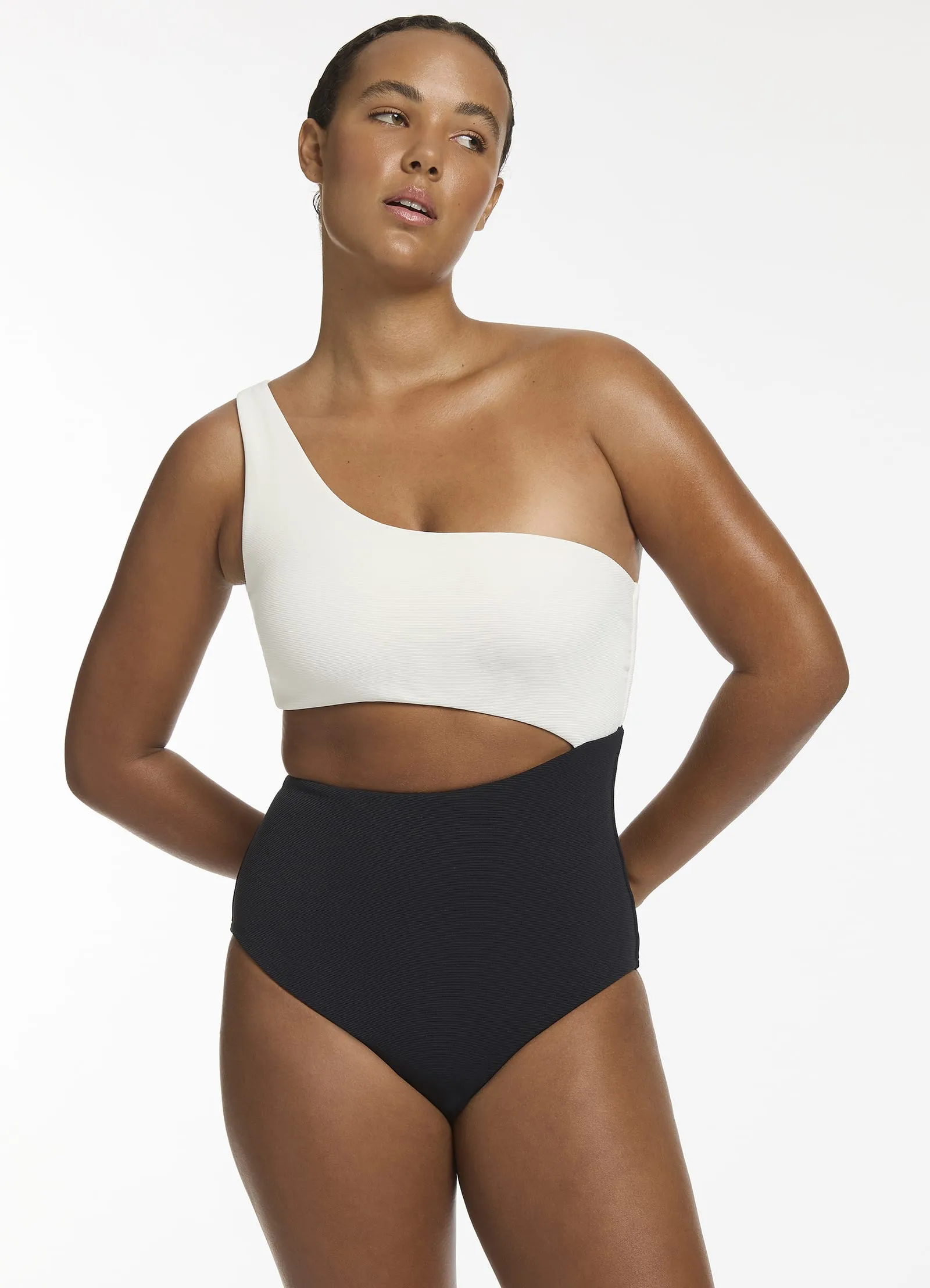 Versa Rib One Shoulder One Piece - Black/Cream