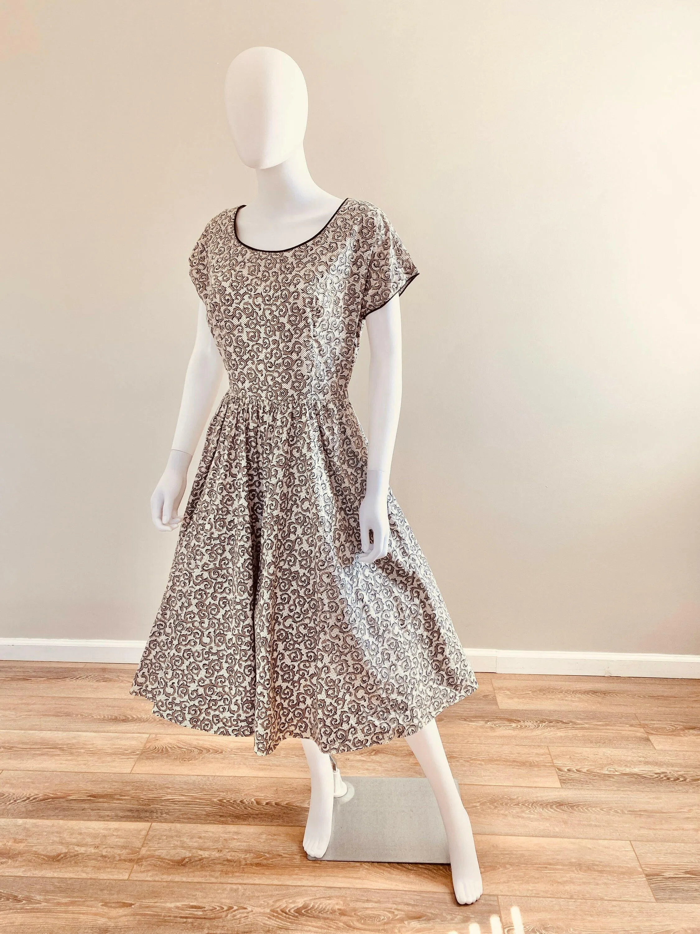 Vintage 1950s Black and White Cotton Day Dress with Rhinestones / 50s retro polka dot fit and flare casual dress with pockets / Size S