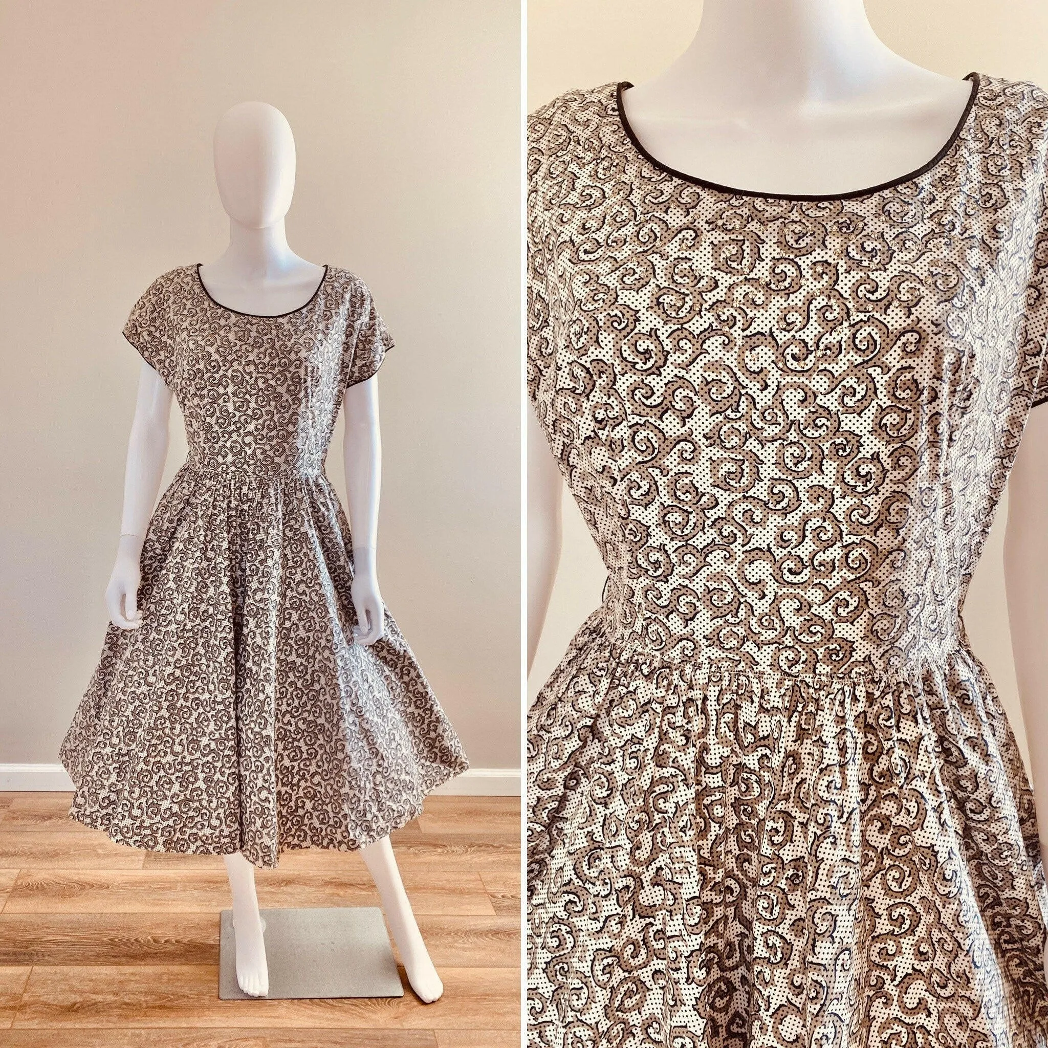 Vintage 1950s Black and White Cotton Day Dress with Rhinestones / 50s retro polka dot fit and flare casual dress with pockets / Size S