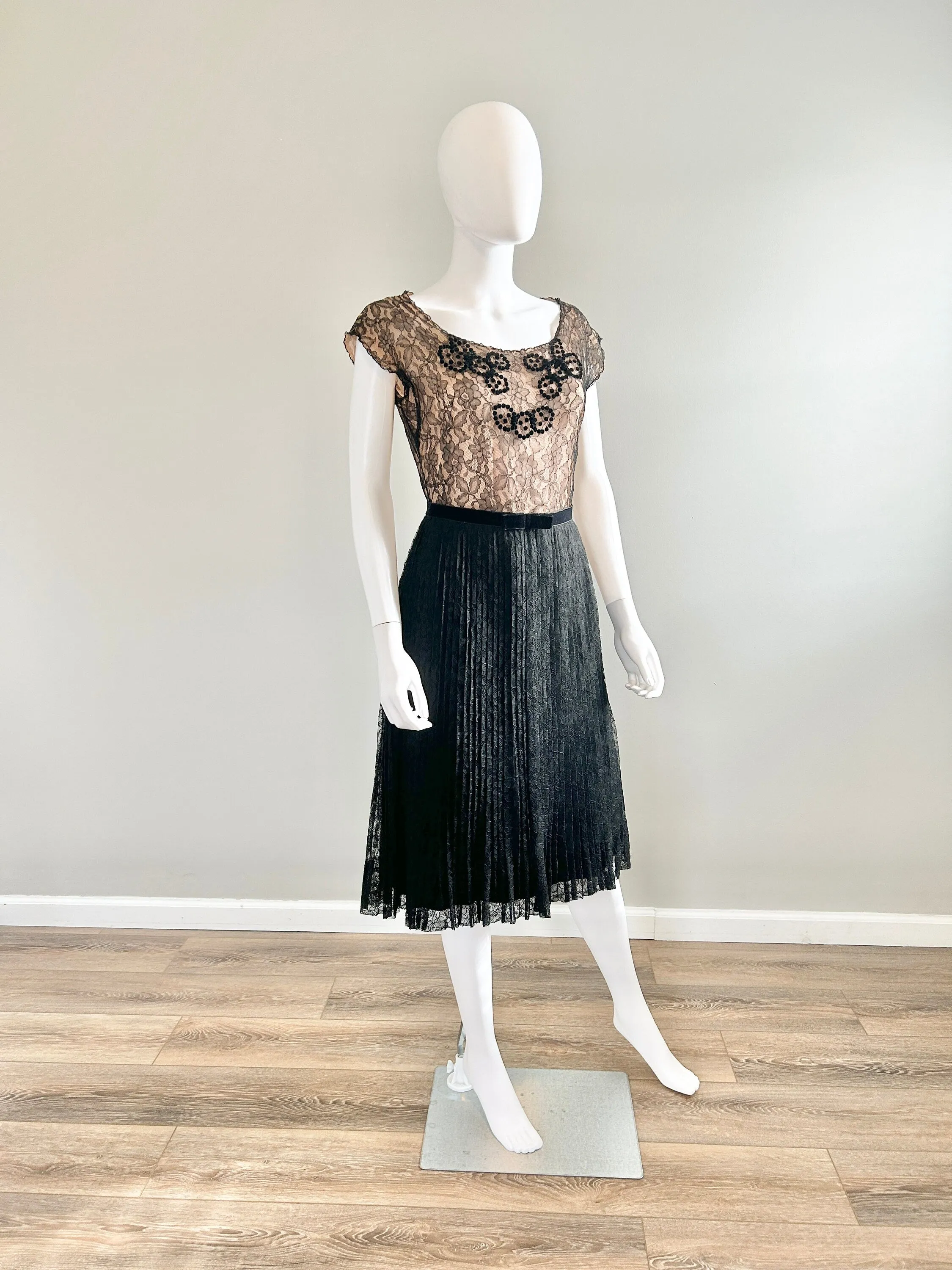 Vintage 1950s Black Lace Illusion Party Dress / 50s retro fit and flare dress / Size S