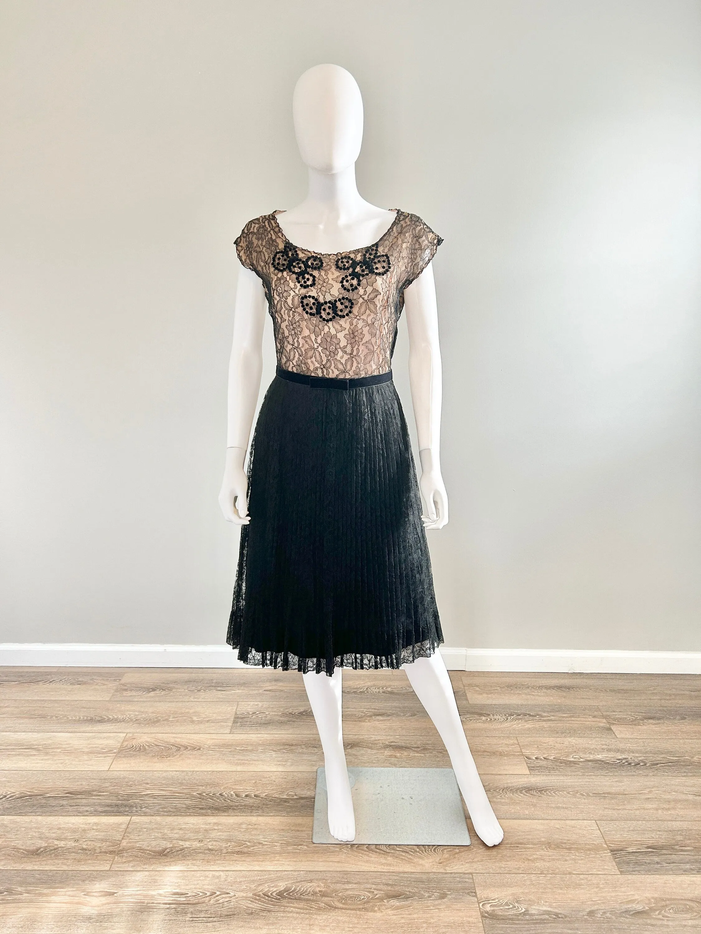 Vintage 1950s Black Lace Illusion Party Dress / 50s retro fit and flare dress / Size S