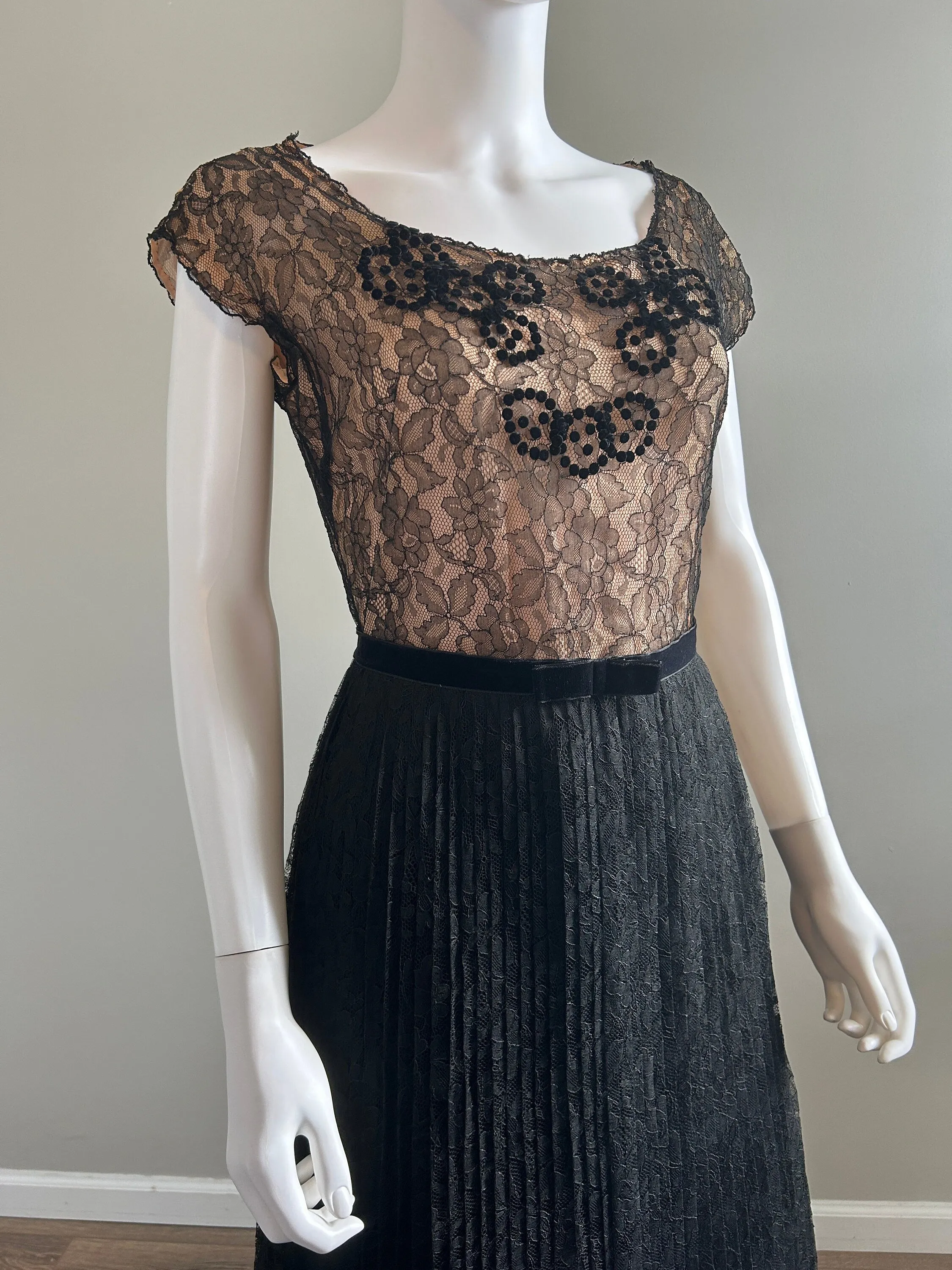 Vintage 1950s Black Lace Illusion Party Dress / 50s retro fit and flare dress / Size S