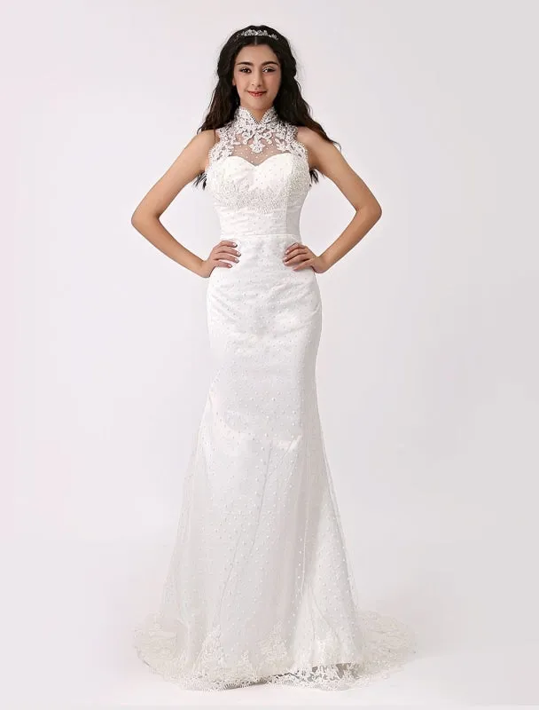 Vintage Inspired Illusion Neck Sheath/Column Wedding Dress With Lace Overlay Exclusive