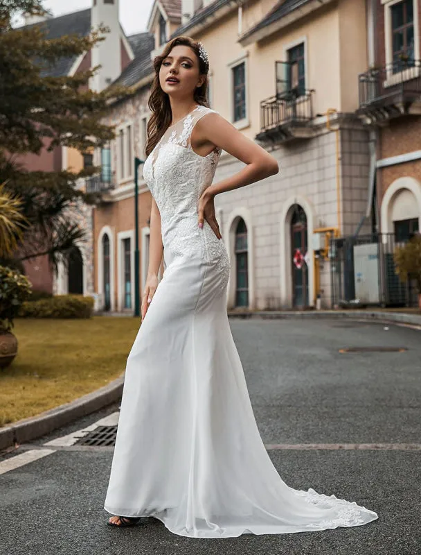 Wedding Bridal Gowns Jewel Neck Sleeveless Natural Waist Buttons Court Train Bridal Gowns Exclusive