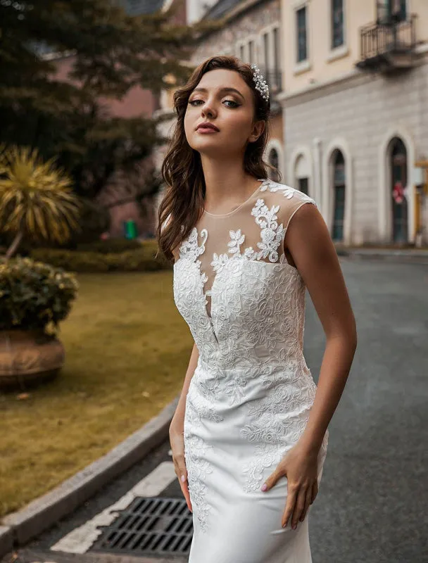 Wedding Bridal Gowns Jewel Neck Sleeveless Natural Waist Buttons Court Train Bridal Gowns Exclusive