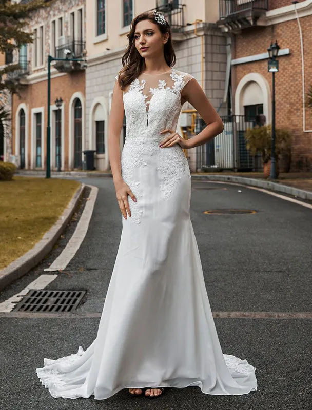 Wedding Bridal Gowns Jewel Neck Sleeveless Natural Waist Buttons Court Train Bridal Gowns Exclusive