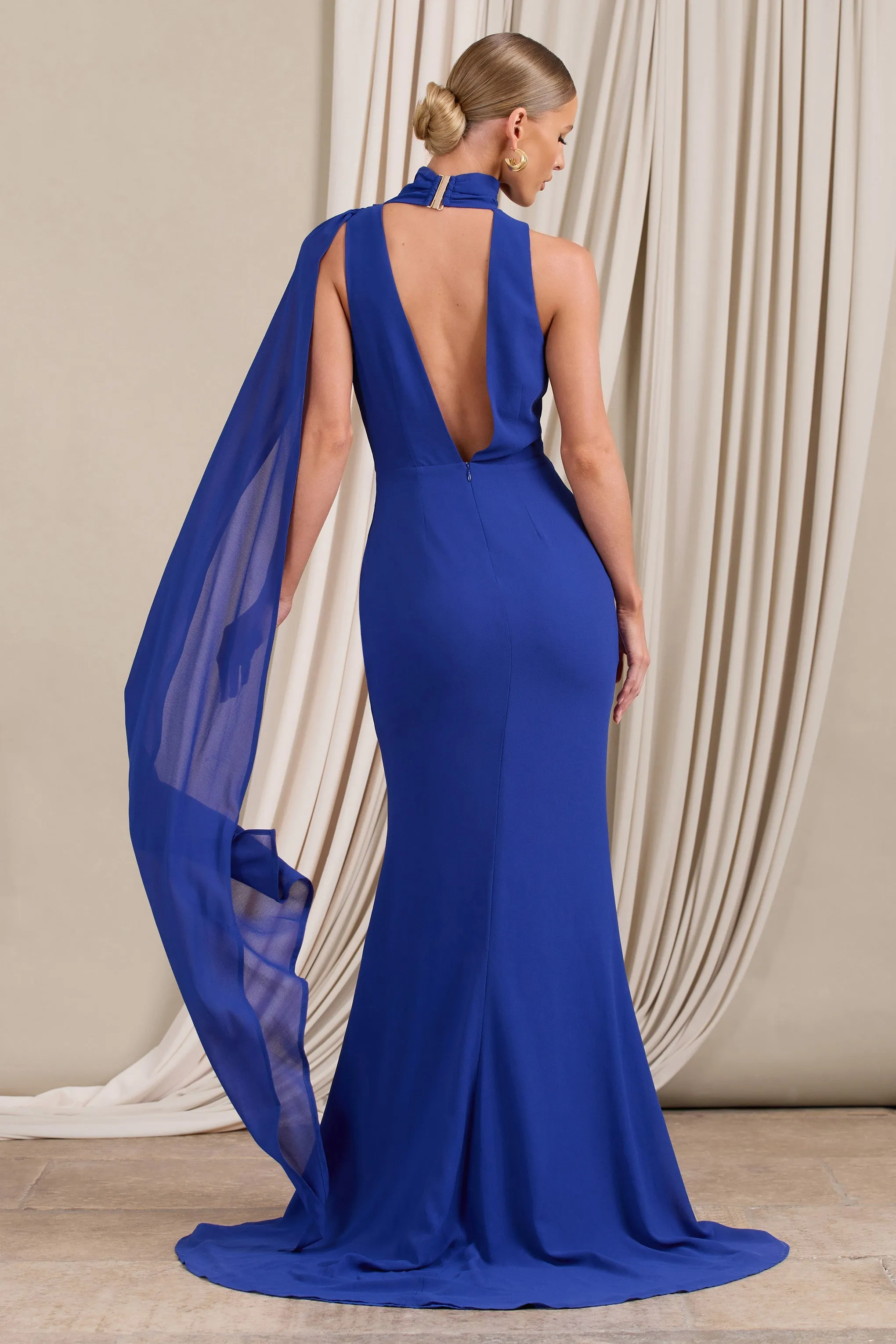 Whimsical | Blue Chiffon Plunge Fishtail Maxi Dress With Scarf Design