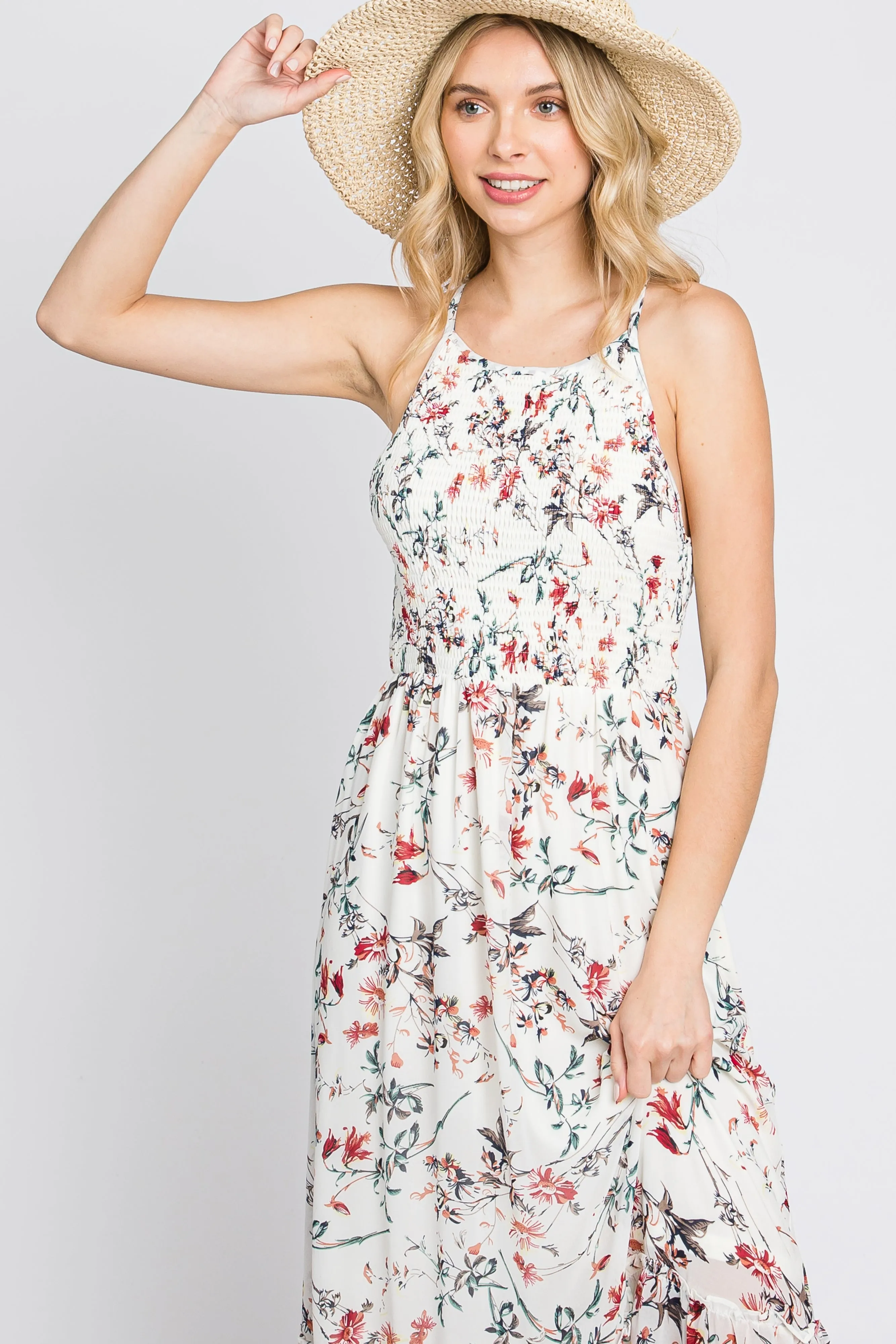 White Floral Chiffon Smocked Midi Dress