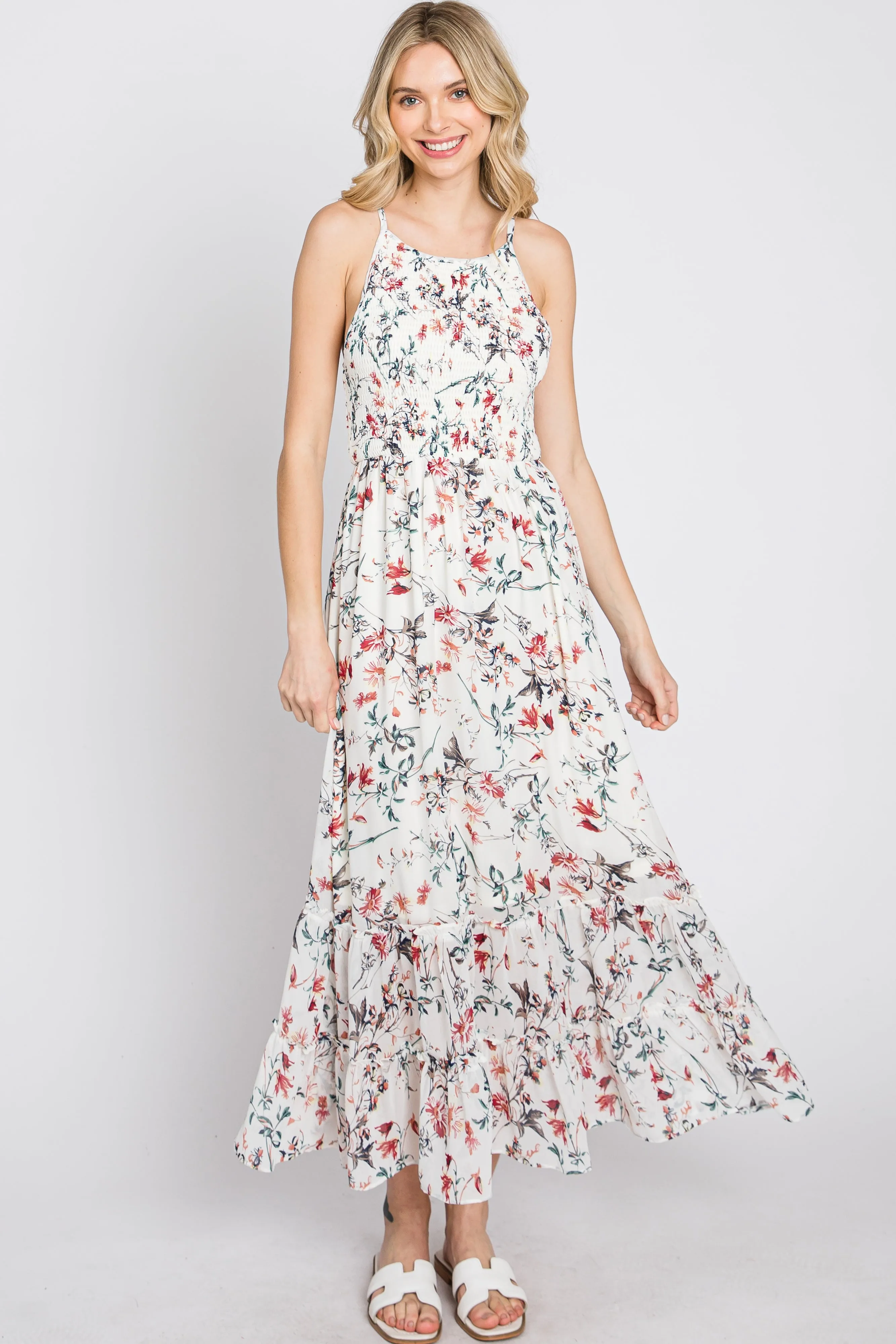 White Floral Chiffon Smocked Midi Dress