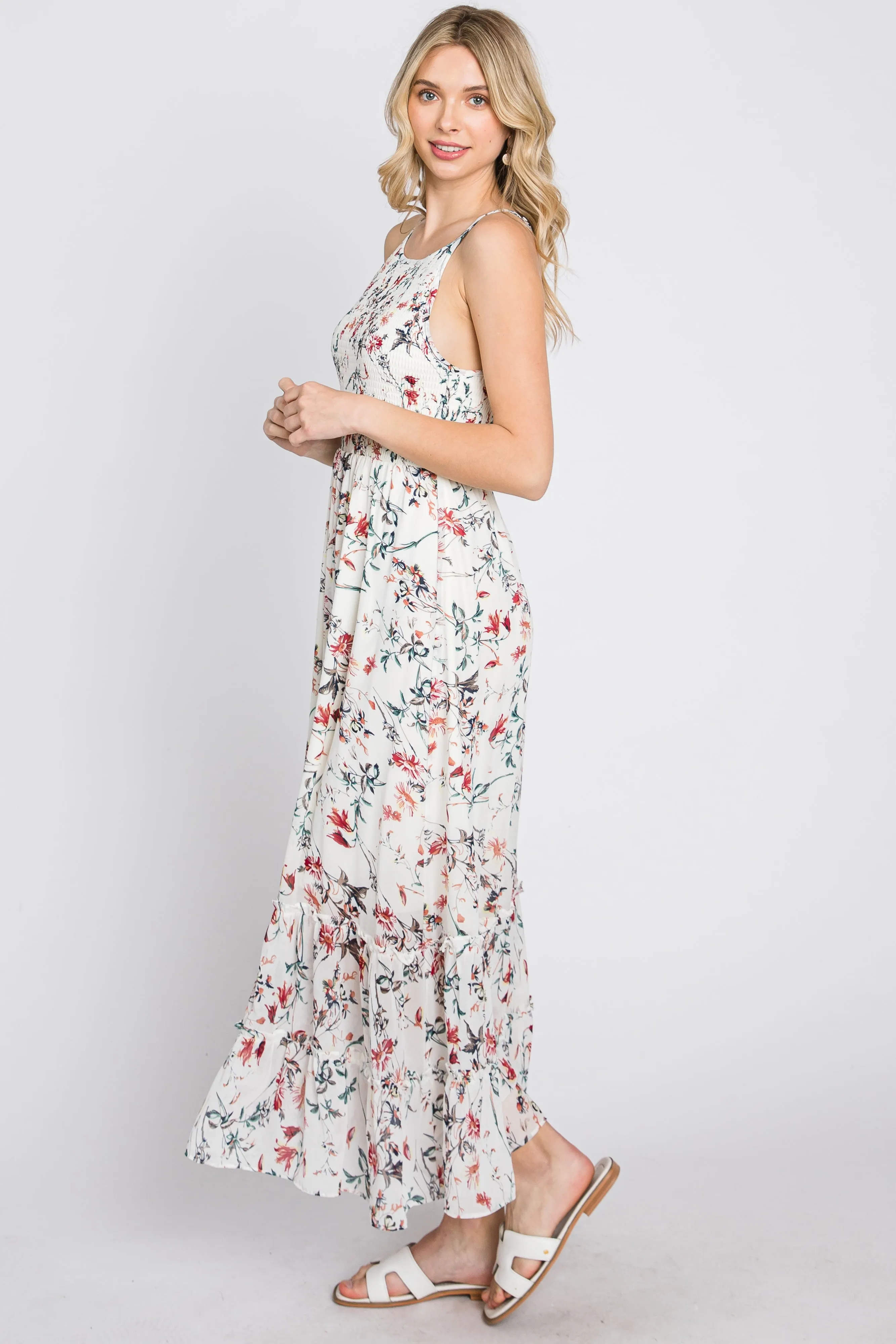 White Floral Chiffon Smocked Midi Dress