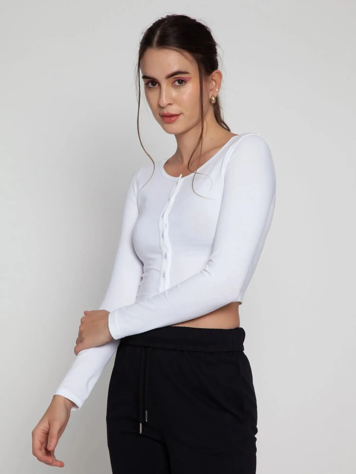 White Henley Crop Top