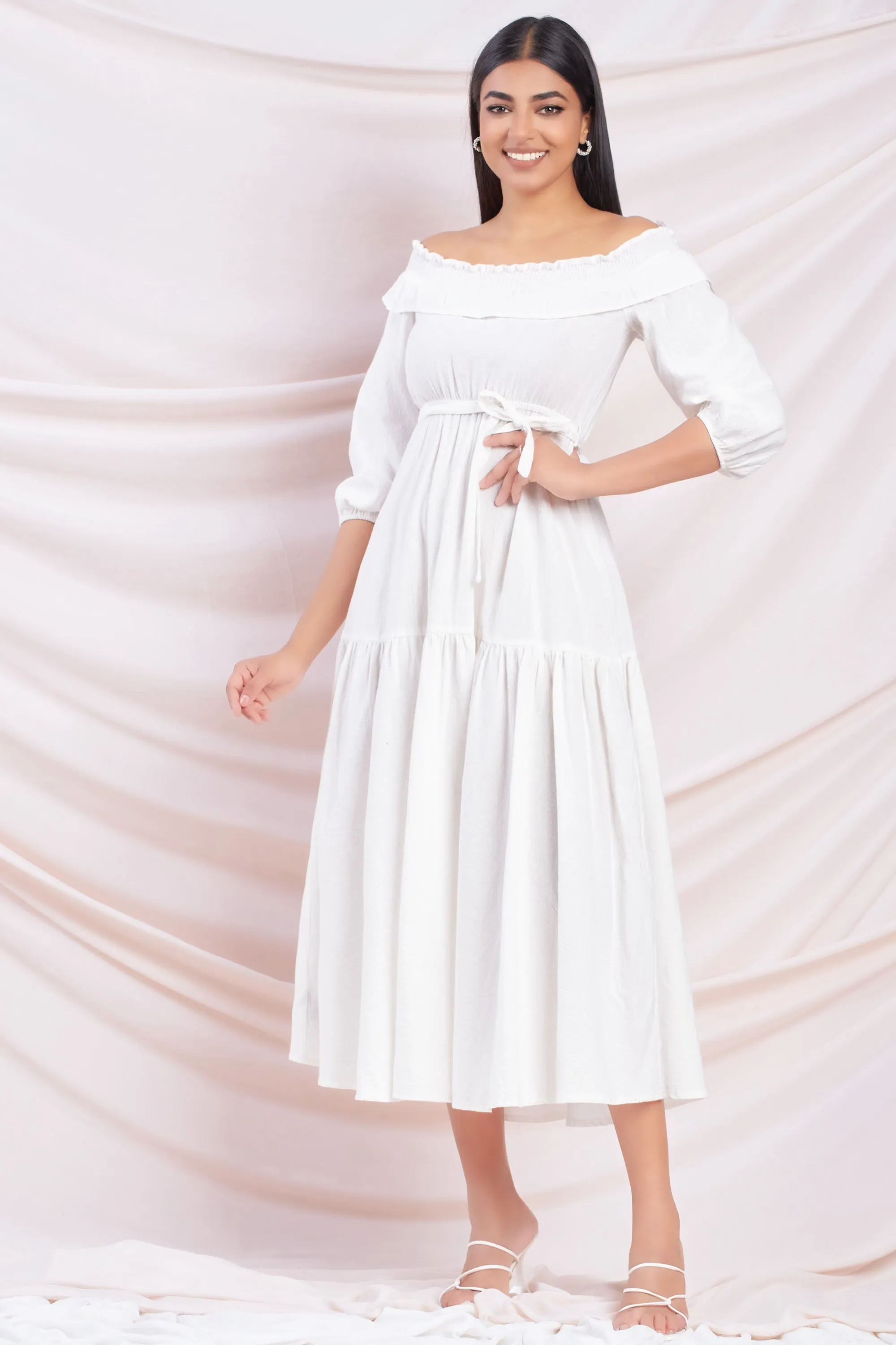 White Off Shoulder Midi Dress