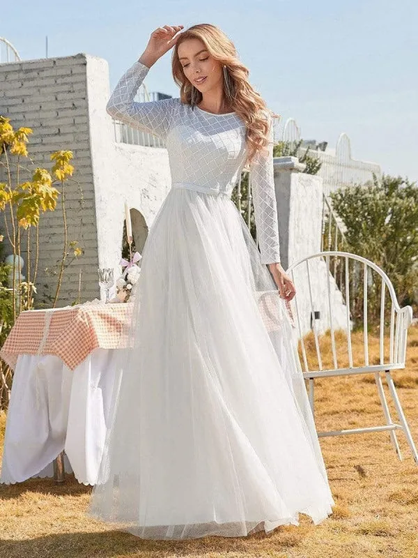 White Simple Wedding Dress Jewel Neck Long Sleeves Natural Waist A-Line Tulle Long Bridal Dresses