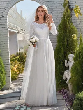 White Simple Wedding Dress Jewel Neck Long Sleeves Natural Waist A-Line Tulle Long Bridal Dresses