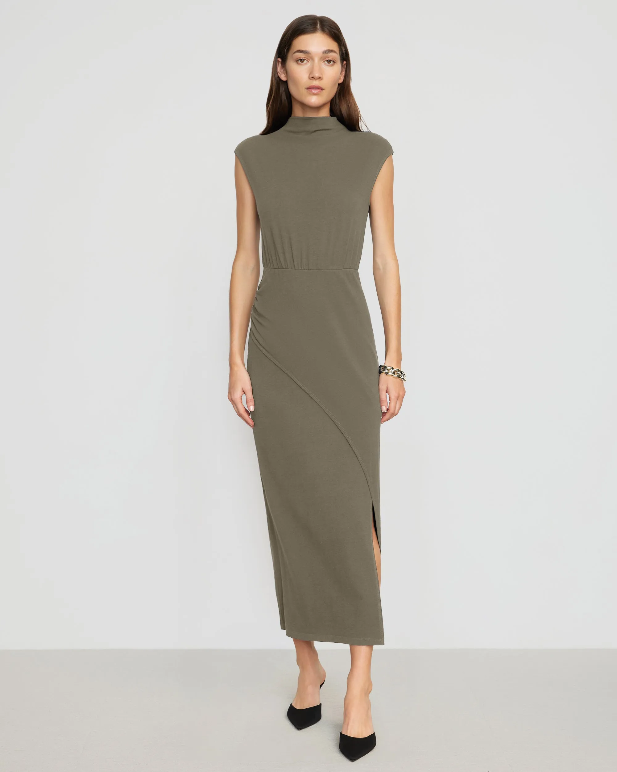 Yimei Mock-Neck Side-Slit Dress